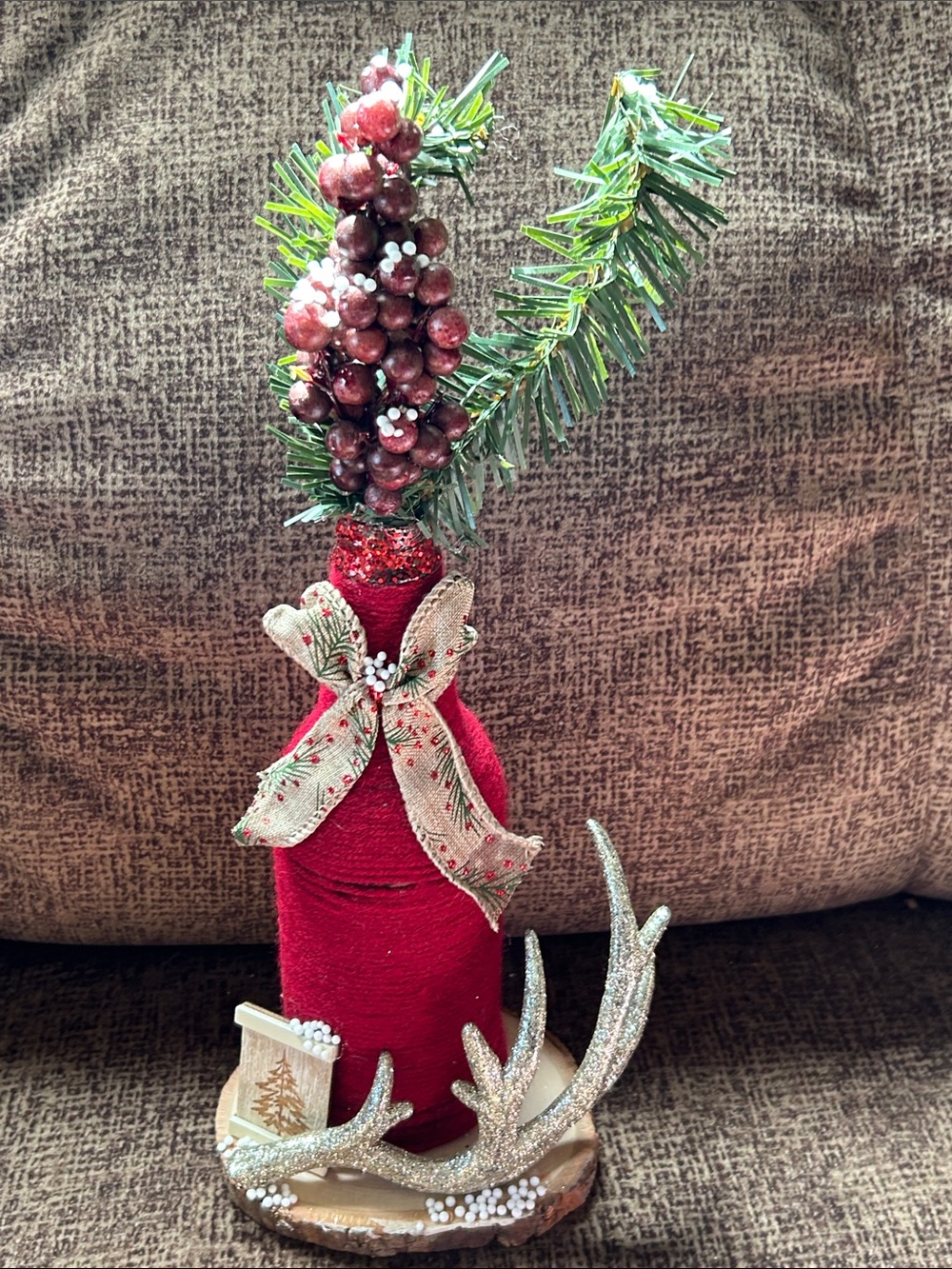 Festive Red Bottle Holiday Decor with Berry Pick and Bow Handmade New 13” Tall